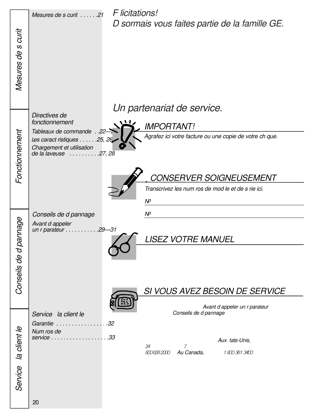 GE WASE4220 owner manual Un partenariat de service, Conseils de dépannage, Service à la clientèle 