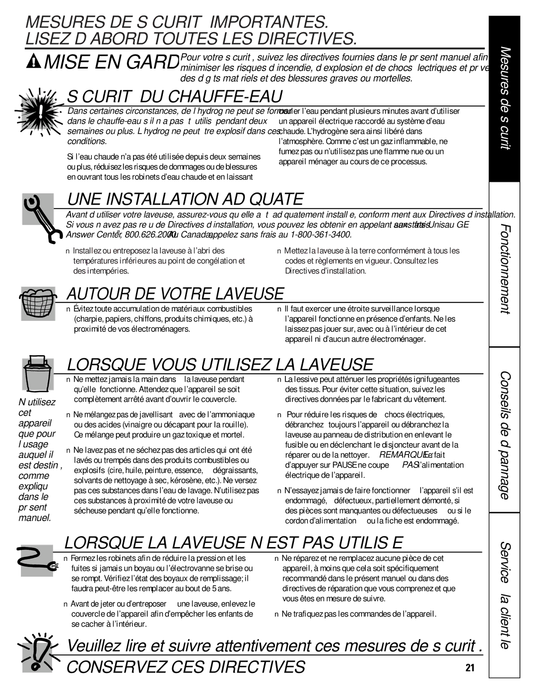 GE WASE4220 owner manual Sécurité DU CHAUFFE-EAU 