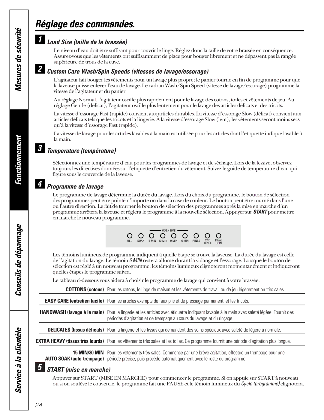 GE WASE4220 owner manual Réglage des commandes 