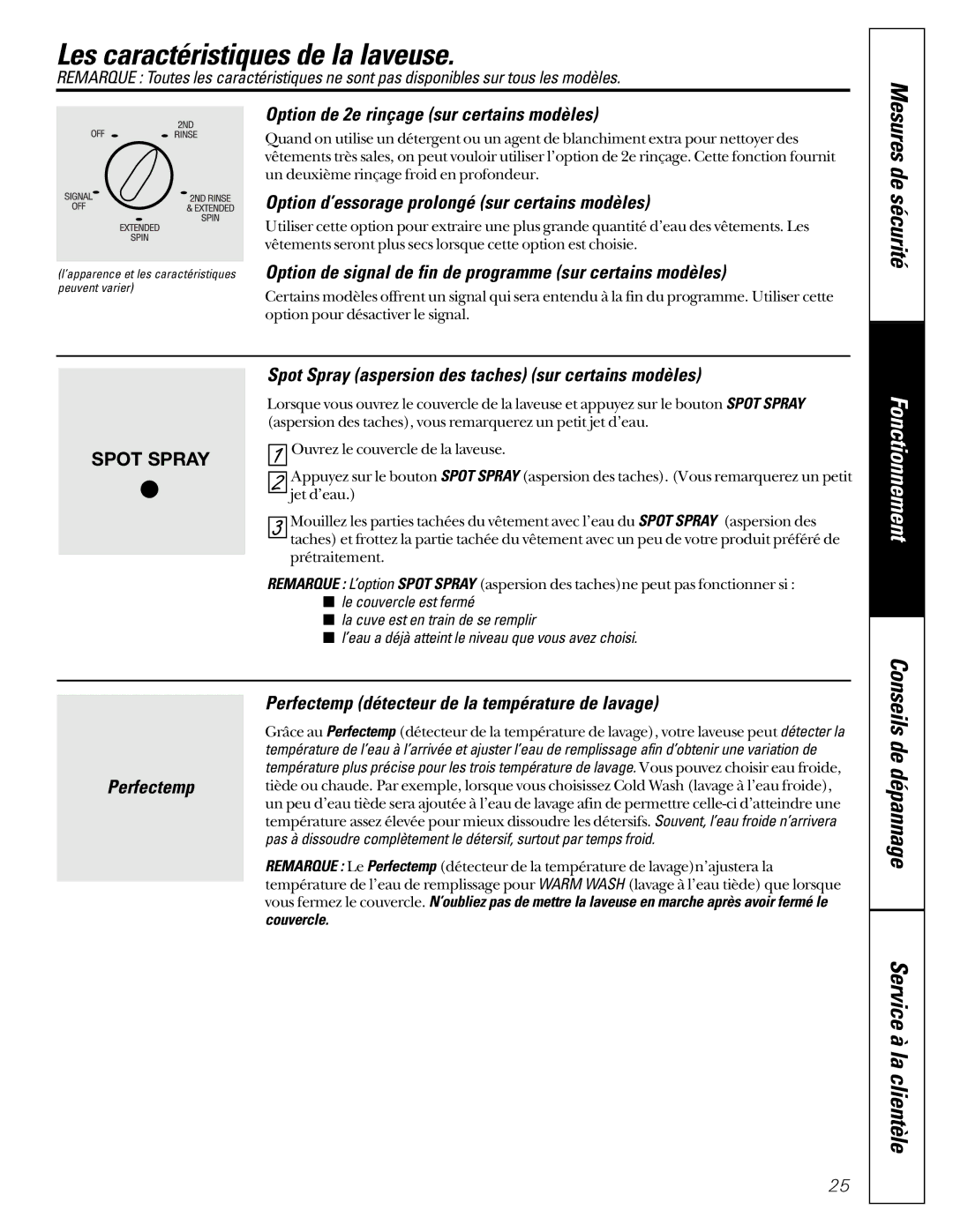 GE WASE4220 owner manual Les caractéristiques de la laveuse 