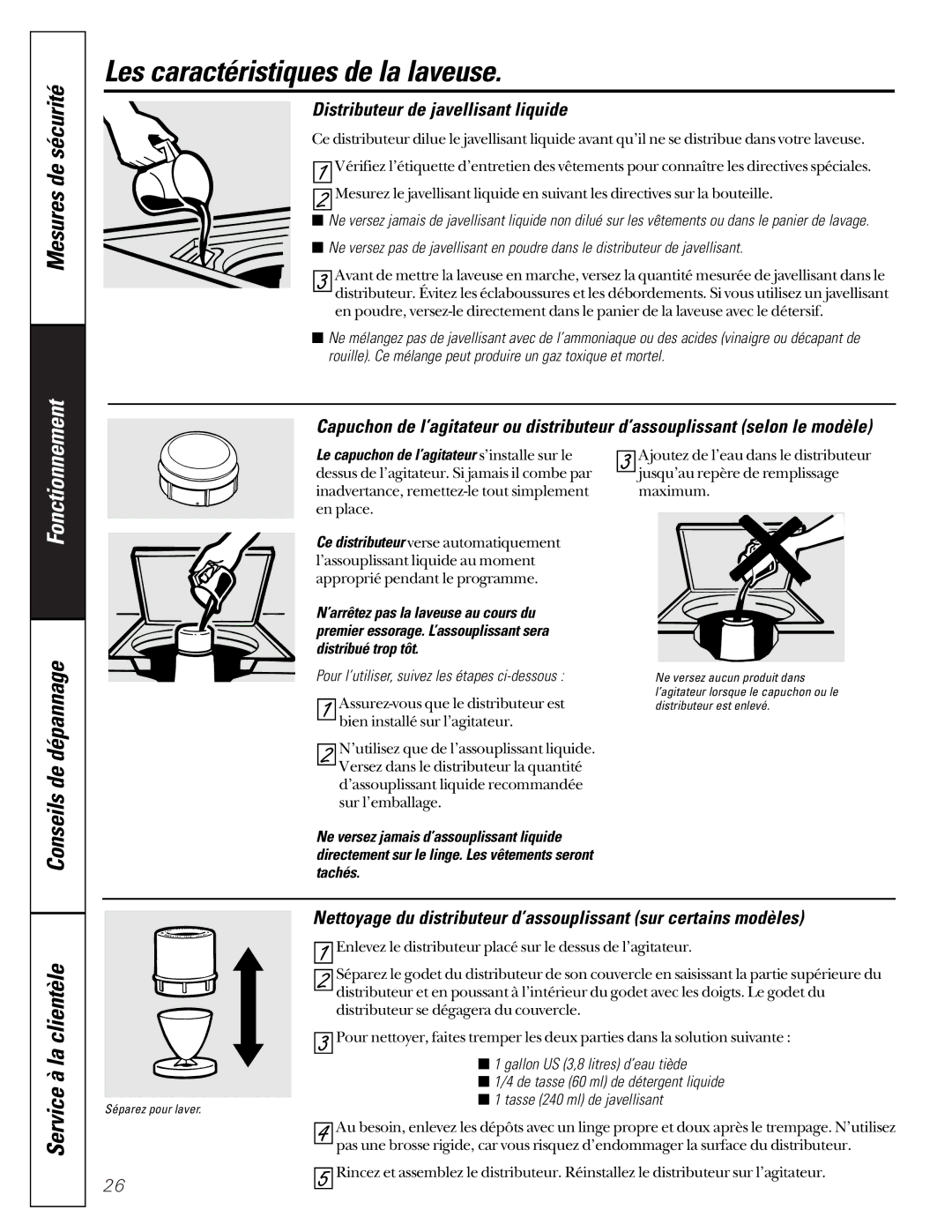 GE WASE4220 owner manual Distributeur de javellisant liquide, Pour l’utiliser, suivez les étapes ci-dessous 