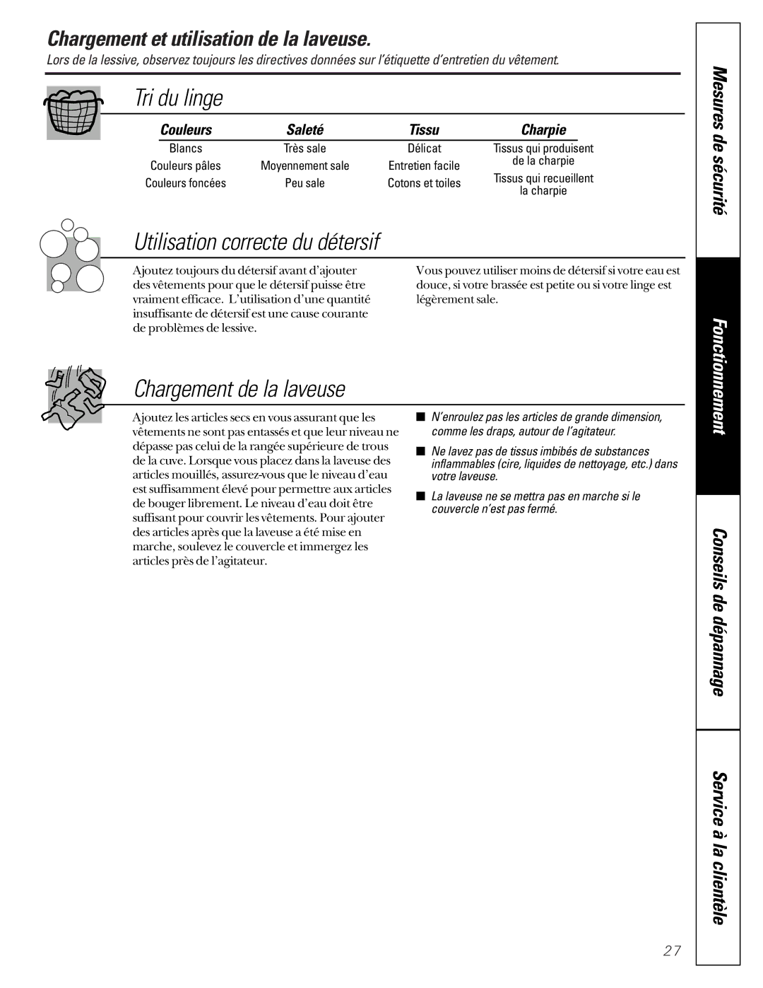 GE WASE4220 Tri du linge, Utilisation correcte du détersif, Chargement de la laveuse, Couleurs Saleté Tissu Charpie 