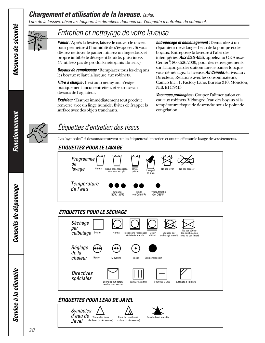 GE WASE4220 owner manual Entretien et nettoyage de votre laveuse, Réglage 