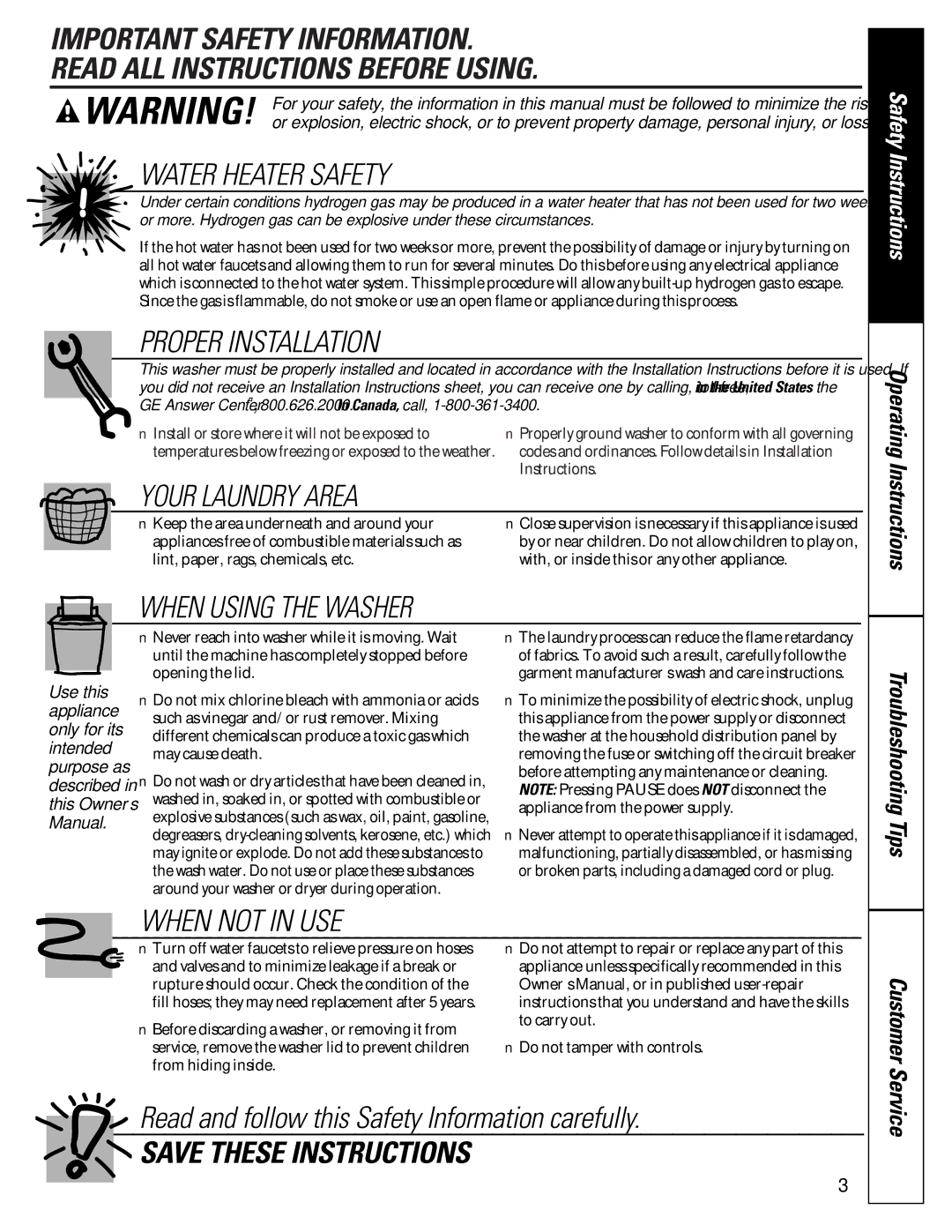 GE WASE4220 owner manual Read and follow this Safety Information carefully, Safety Instructions, Customer Service 