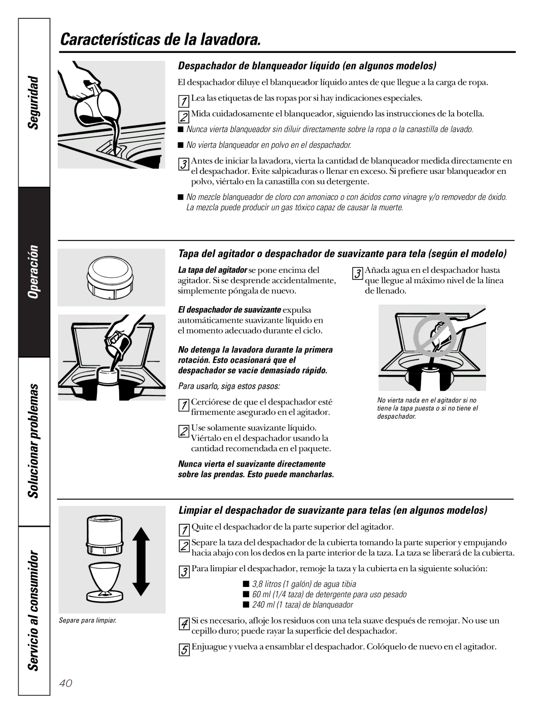 GE WASE4220 owner manual Despachador de blanqueador líquido en algunos modelos, Para usarlo, siga estos pasos 