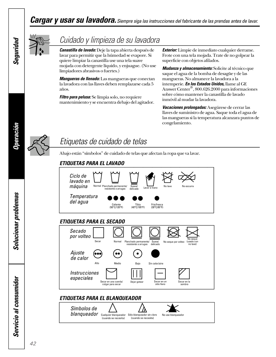 GE WASE4220 owner manual Cuidado y limpieza de su lavadora, Etiquetas de cuidado de telas, Etiquetas Para EL Secado 