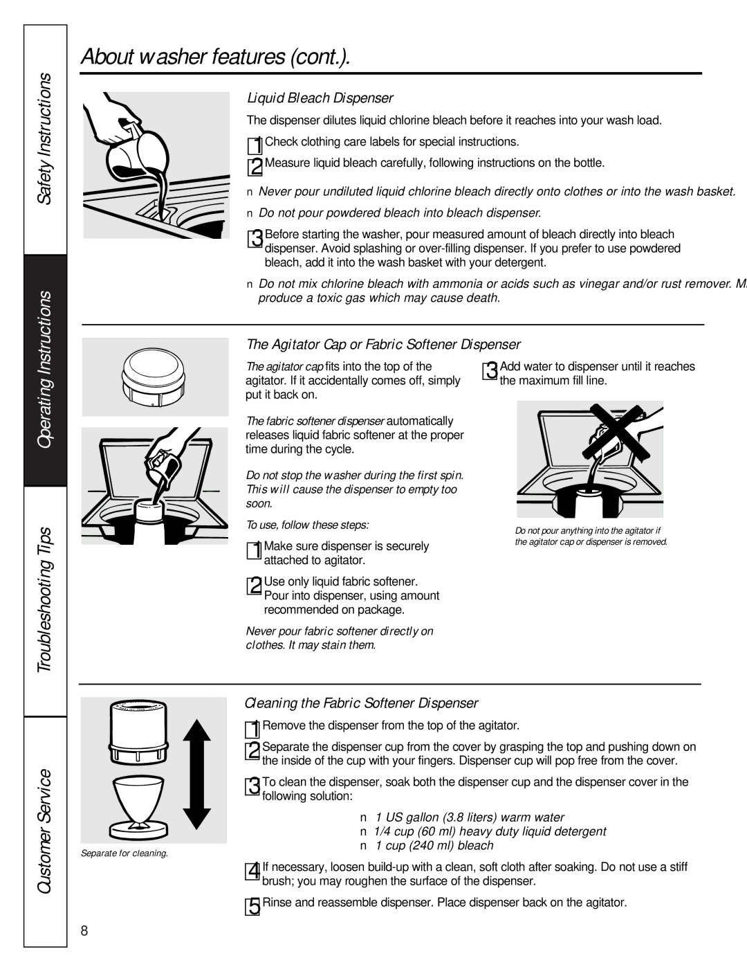 GE WASE4220 owner manual Instructions, Operating, Liquid Bleach Dispenser, Agitator Cap or Fabric Softener Dispenser 