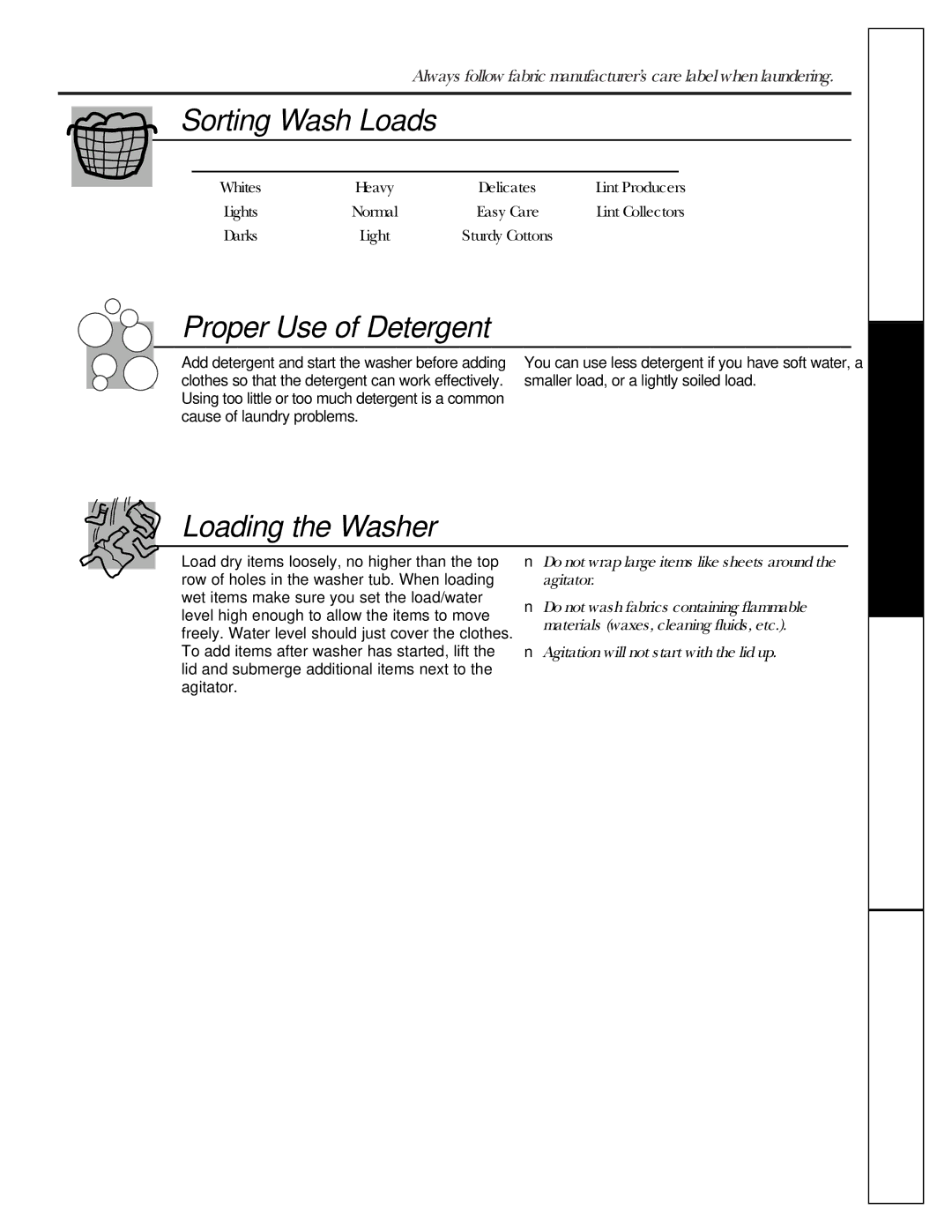 GE WASE4220 owner manual Sorting Wash Loads, Proper Use of Detergent, Loading the Washer, Colors, Fabric Lint 