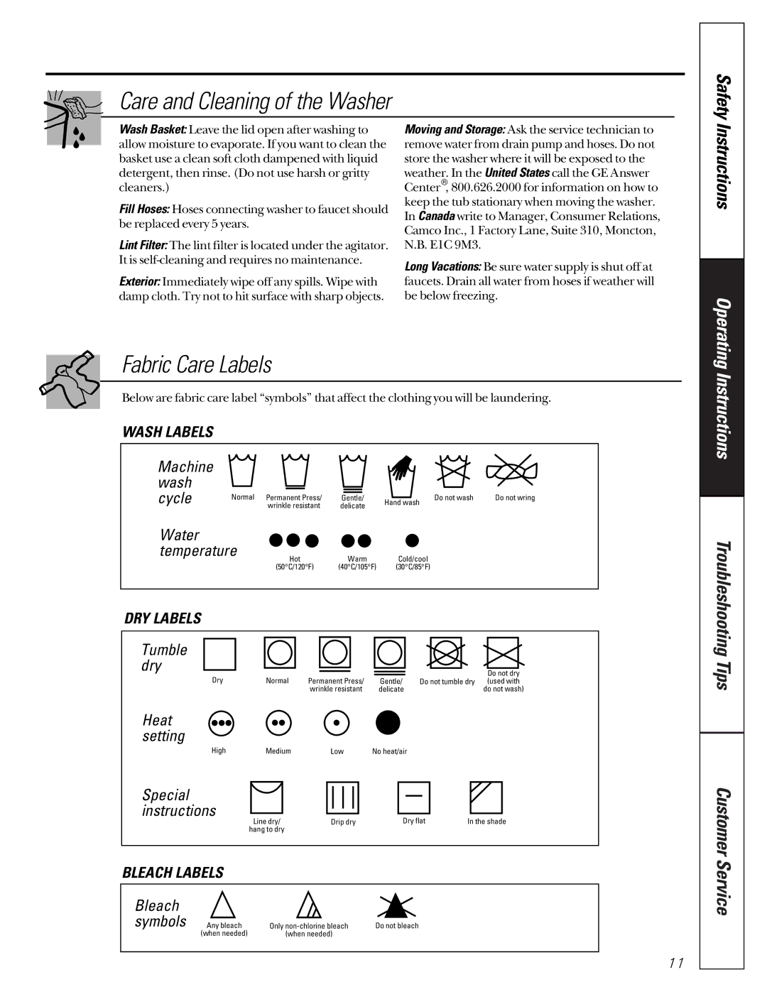 GE WASE4220 owner manual Care and Cleaning of the Washer, Fabric Care Labels 