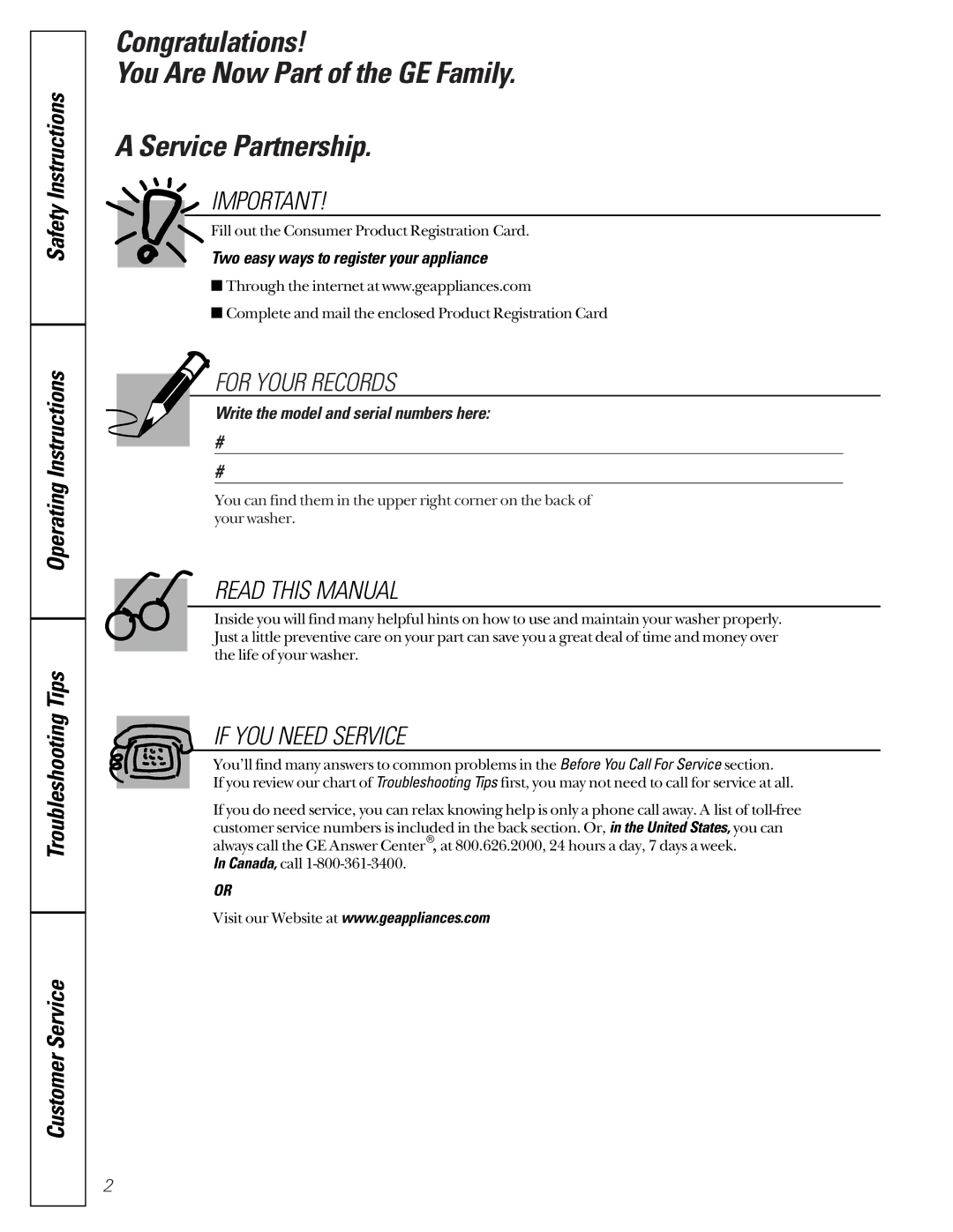 GE WASE4220 owner manual For Your Records 