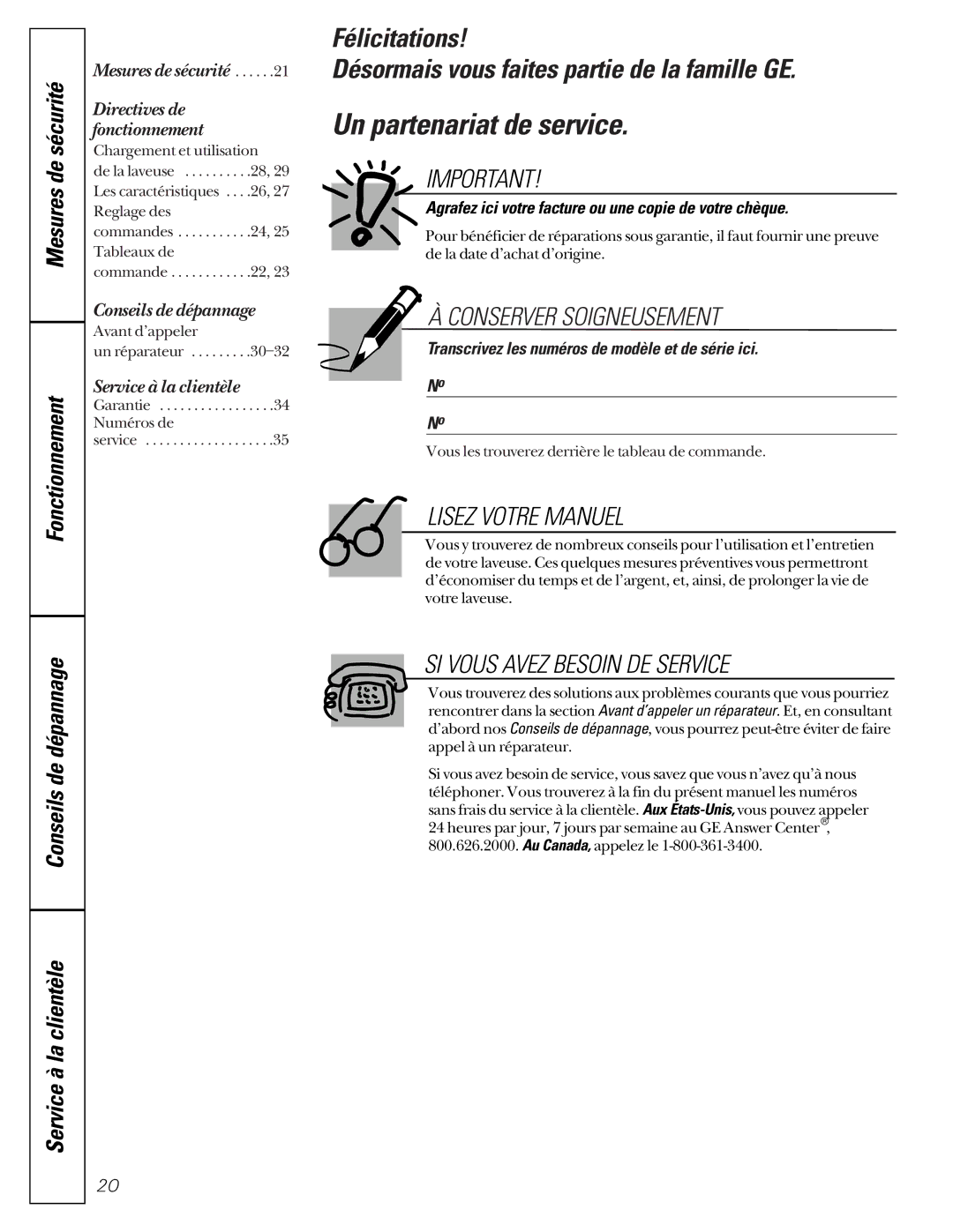 GE WASE4220 owner manual Un partenariat de service, Mesures de sécurité Directives de fonctionnement 