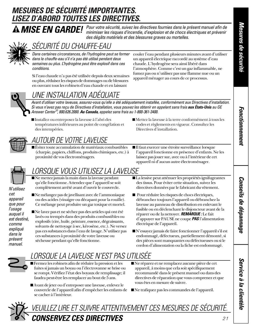 GE WASE4220 owner manual Mesures de sécurité, Dans le chauffe-eau s’il n’a pas été utilisé pendant deux, Conditions 
