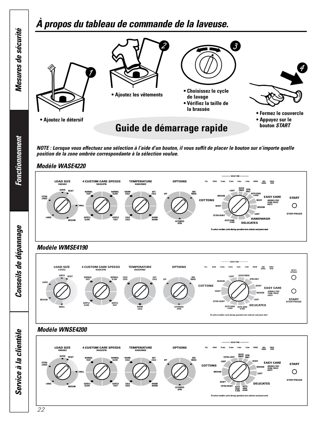 GE Propos du tableau de commande de la laveuse, Mesures de sécurité, Modèle WASE4220, Modèle WMSE4190, Modèle WNSE4200 