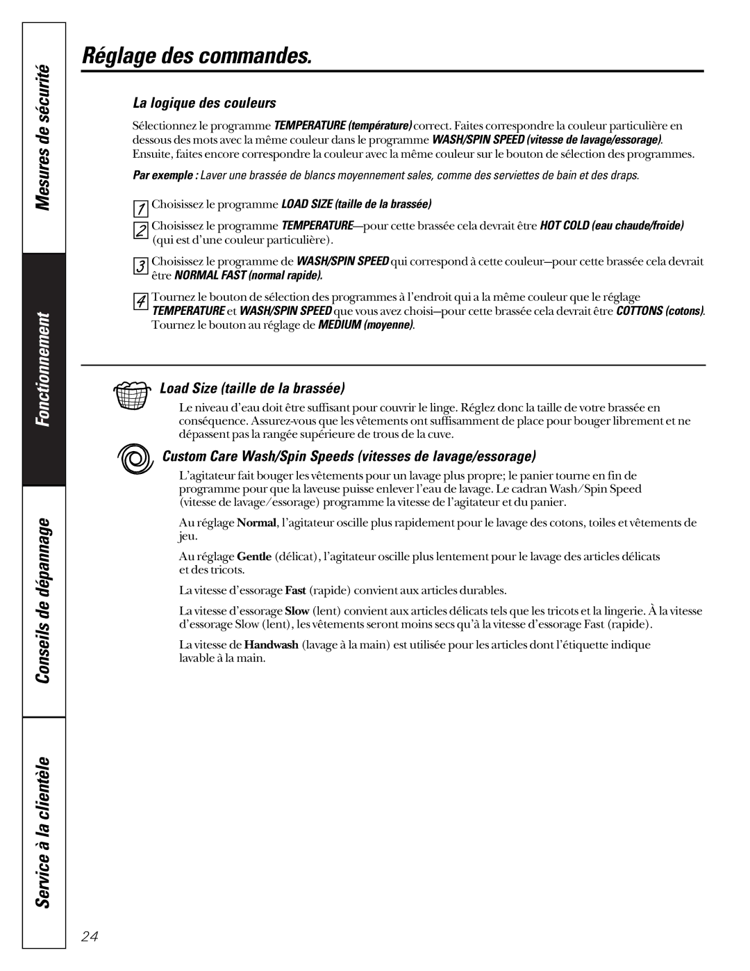 GE WASE4220 owner manual Réglage des commandes, La logique des couleurs, Load Size taille de la brassée 