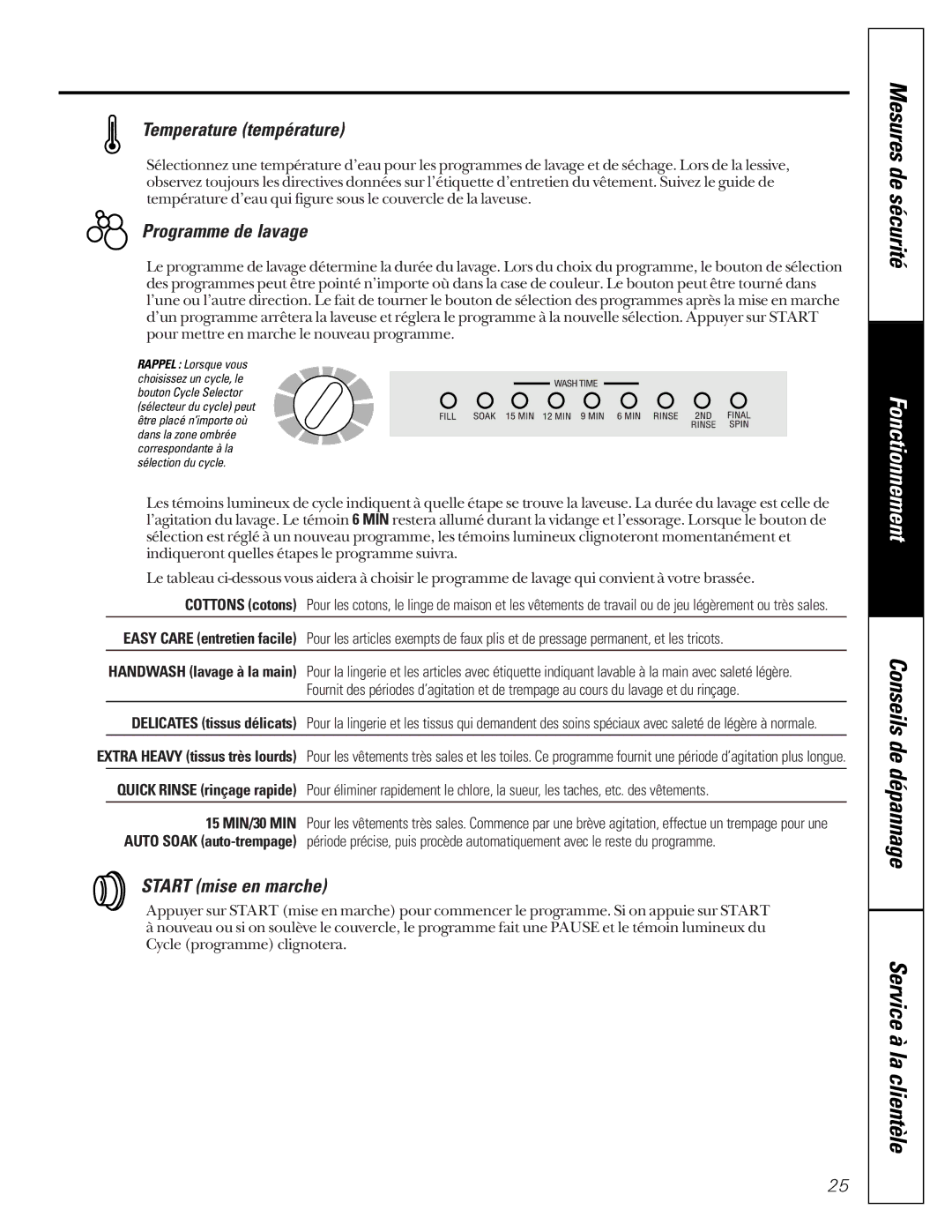 GE WASE4220 owner manual Temperature température, Programme de lavage, Start mise en marche 
