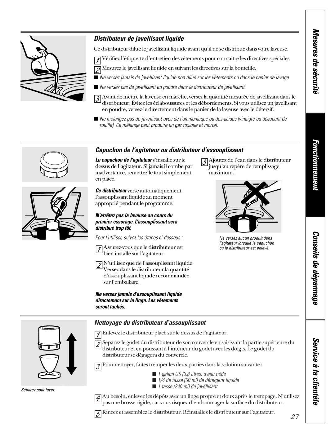 GE WASE4220 owner manual Distributeur de javellisant liquide, Capuchon de l’agitateur ou distributeur d’assouplissant 