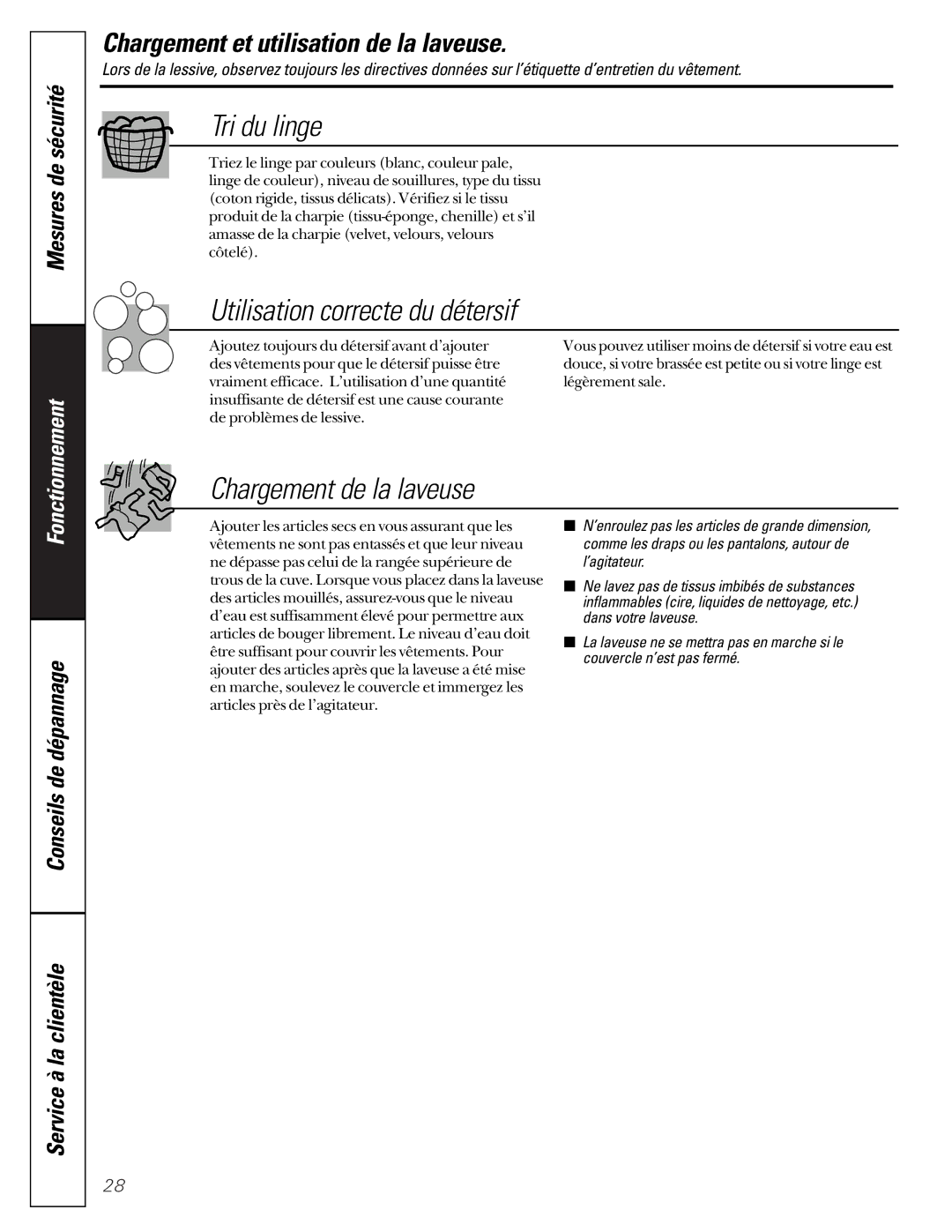 GE WASE4220 owner manual Tri du linge, Utilisation correcte du détersif, Chargement de la laveuse 