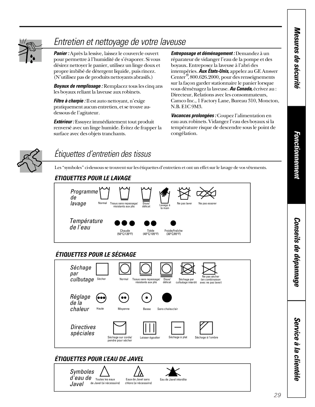 GE WASE4220 owner manual Entretien et nettoyage de votre laveuse, Réglage 