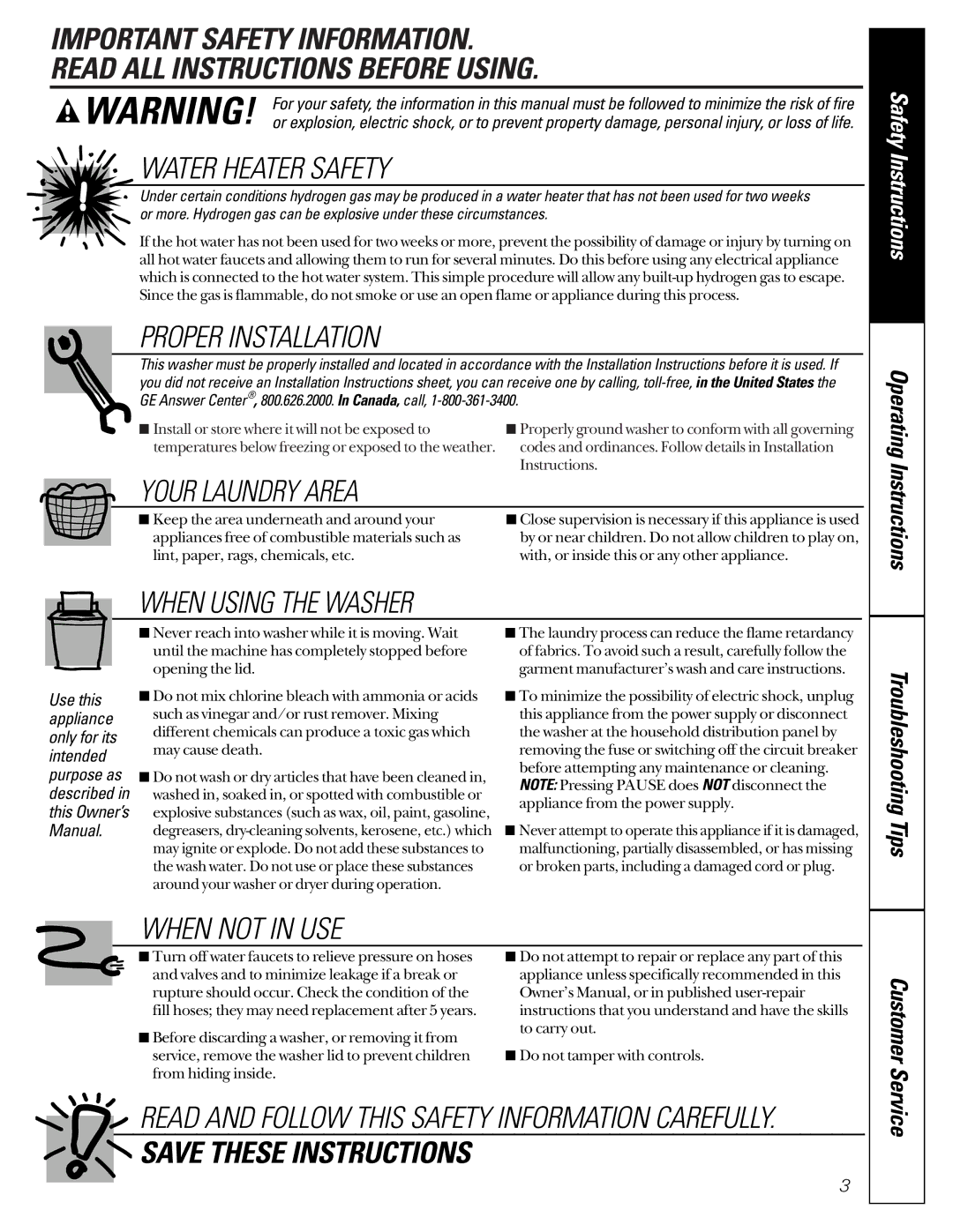 GE WASE4220 owner manual Safety Instructions, Customer Service 