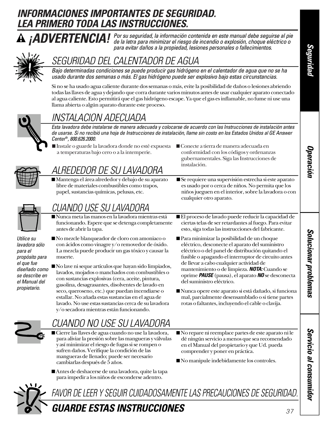 GE WASE4220 owner manual Seguridad, Servicio al consumidor 