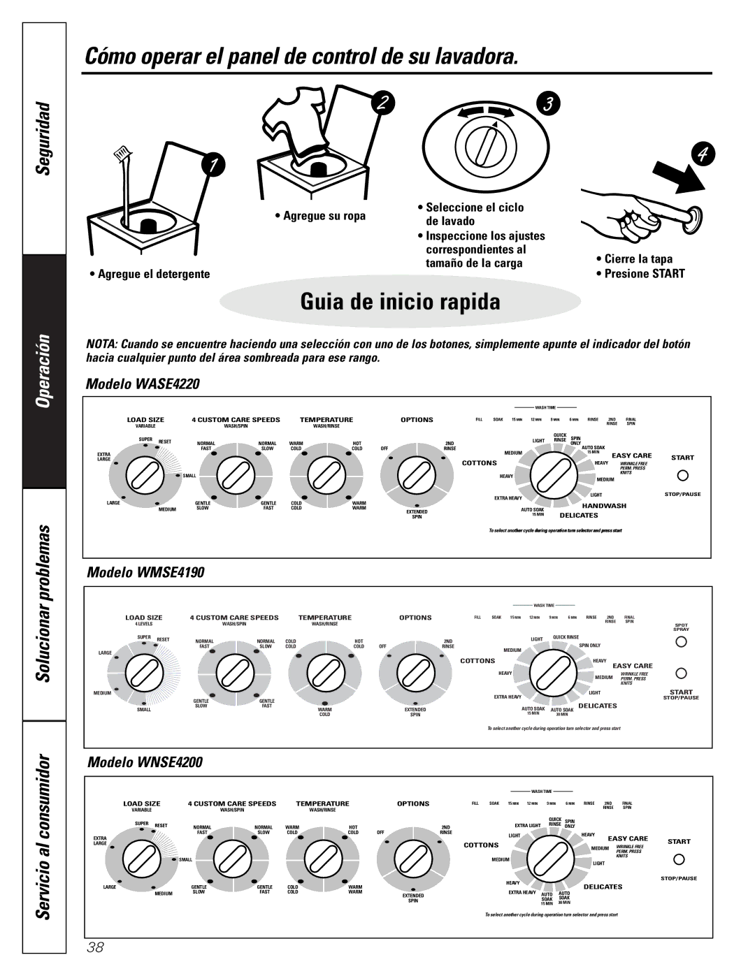 GE Cómo operar el panel de control de su lavadora, Operación, Modelo WASE4220, Modelo WMSE4190, Modelo WNSE4200 