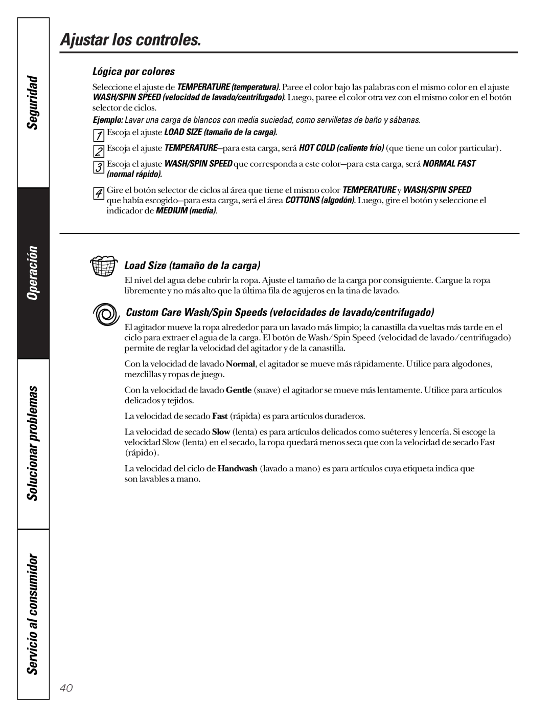 GE WASE4220 owner manual Ajustar los controles, Lógica por colores, Load Size tamaño de la carga 