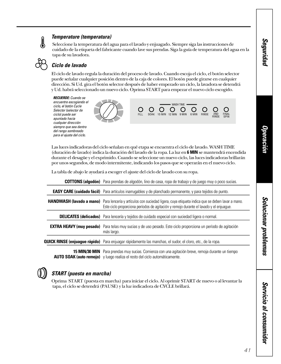 GE WASE4220 owner manual Temperature temperatura, Ciclo de lavado, Start puesta en marcha 