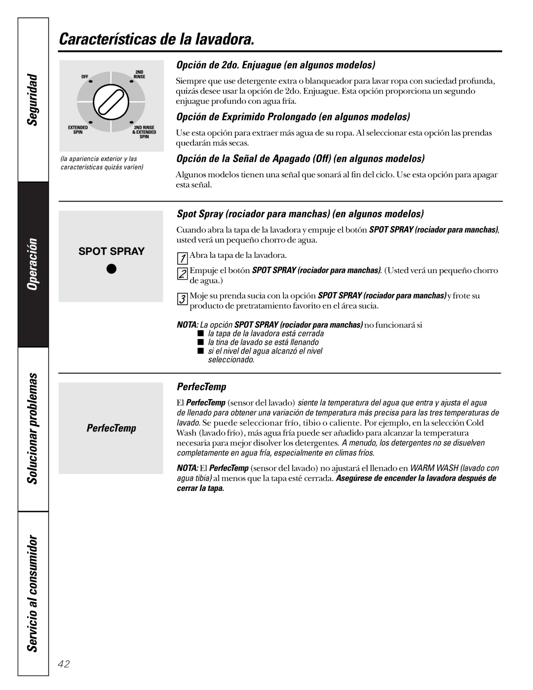 GE WASE4220 owner manual Características de la lavadora, Opción de 2do. Enjuague en algunos modelos 