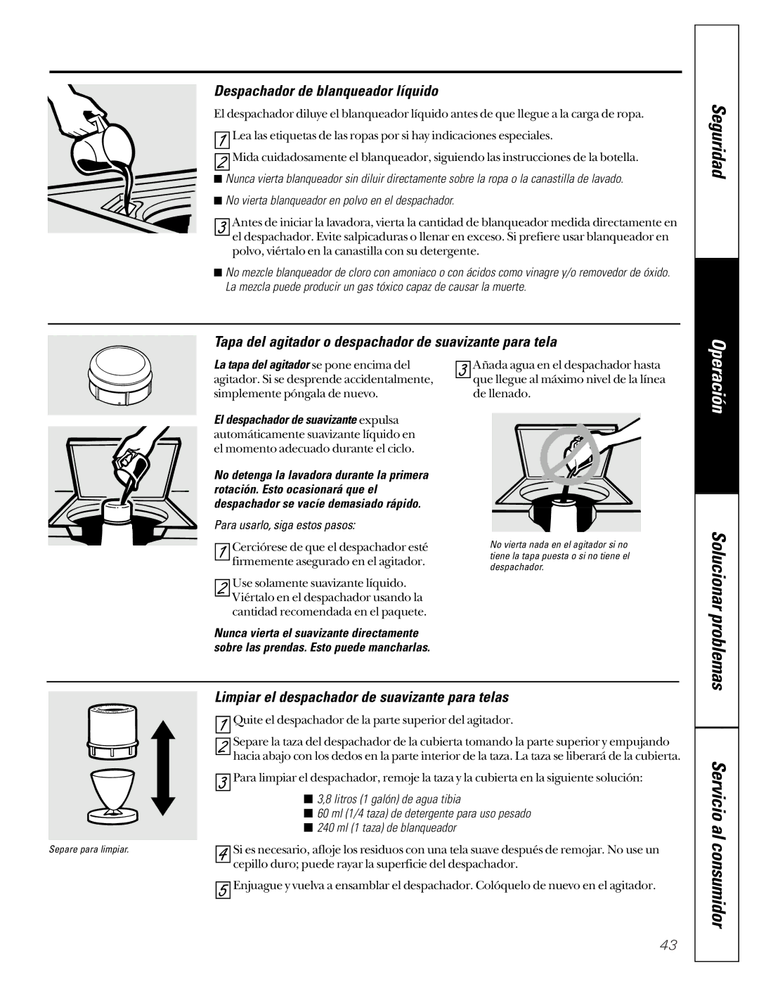 GE WASE4220 owner manual Despachador de blanqueador líquido, Tapa del agitador o despachador de suavizante para tela 