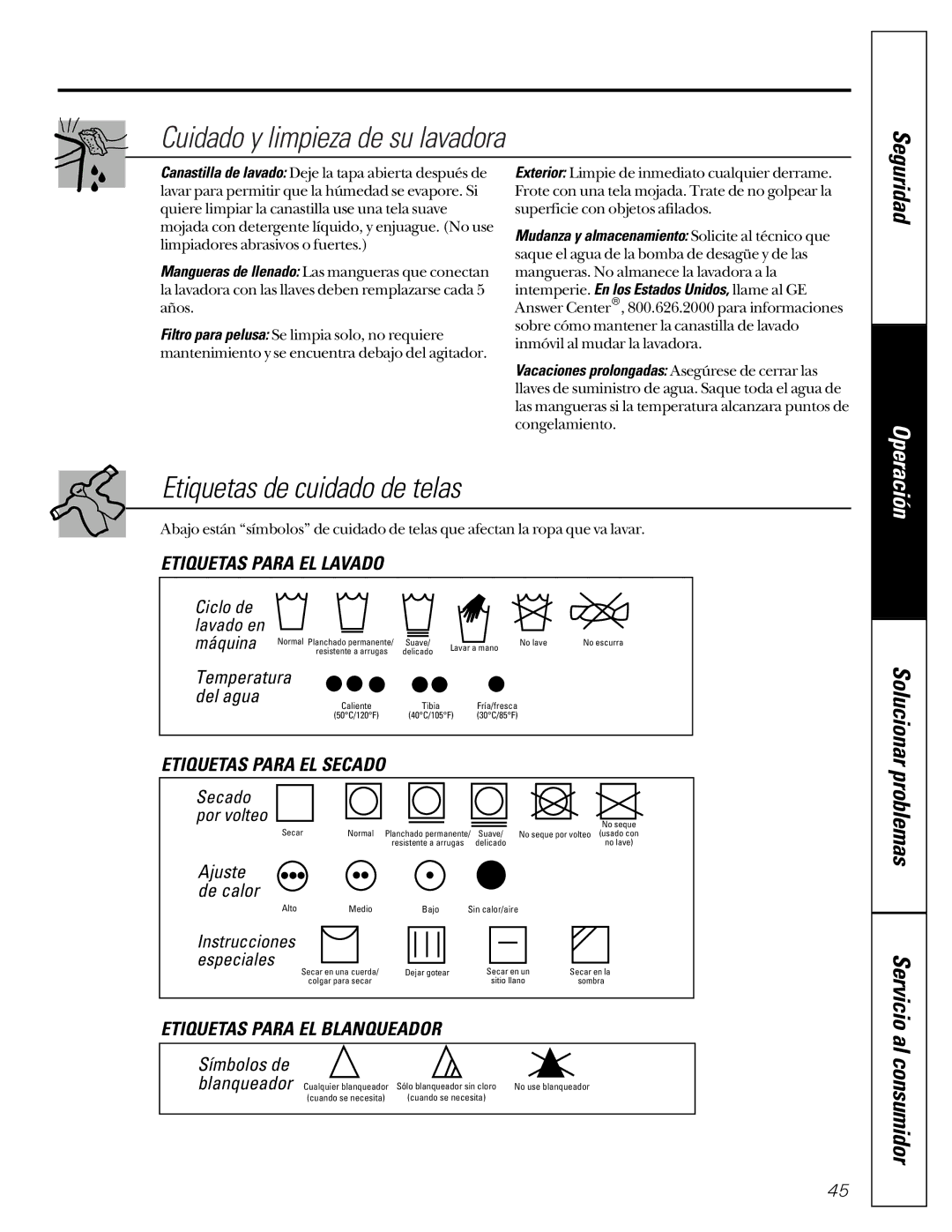 GE WASE4220 owner manual Cuidado y limpieza de su lavadora, Etiquetas de cuidado de telas, Etiquetas Para EL Secado 