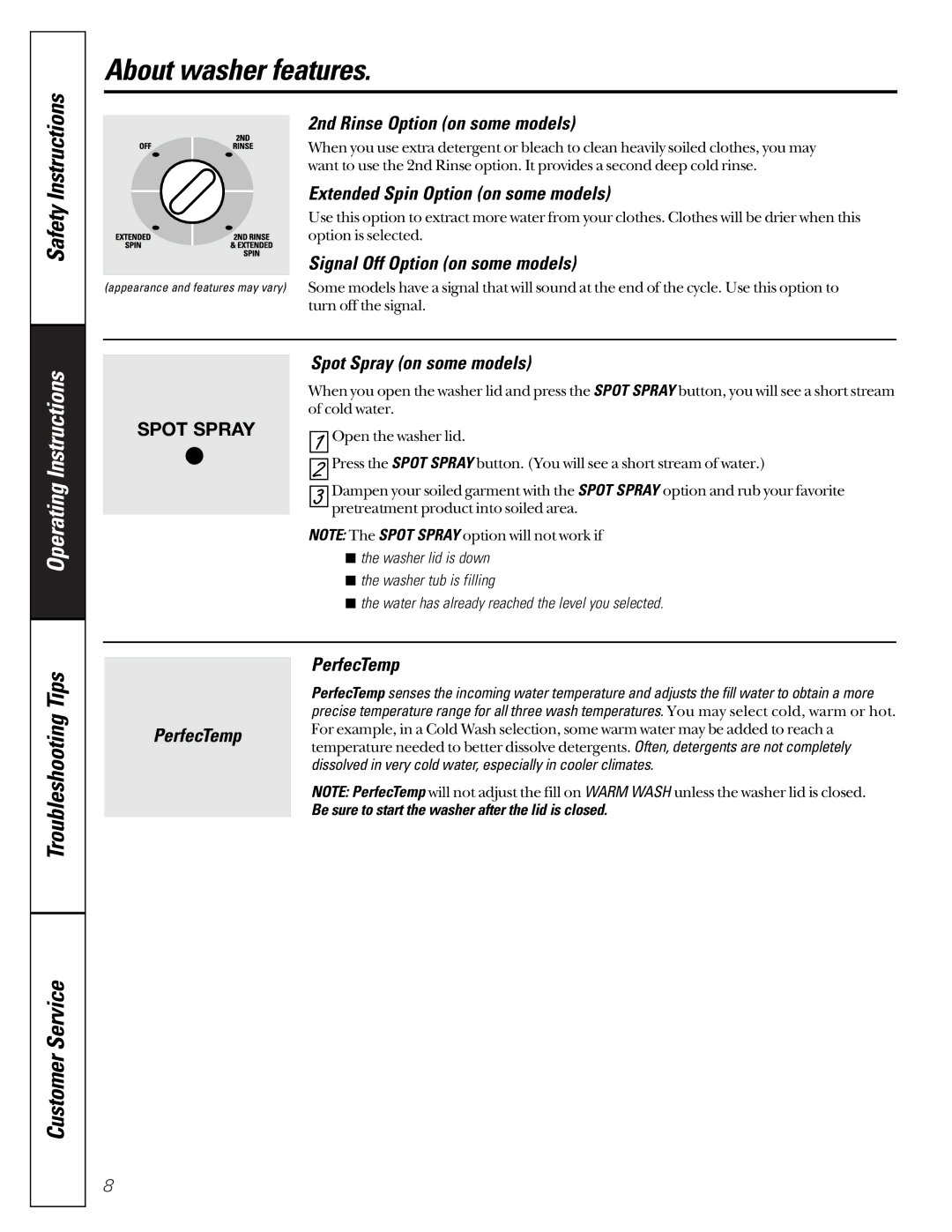 GE WASE4220 owner manual About washer features 