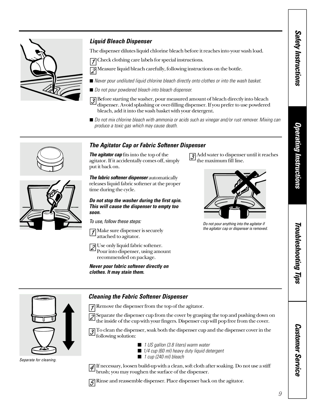 GE WASE4220 Instructions, Liquid Bleach Dispenser, Agitator Cap or Fabric Softener Dispenser, To use, follow these steps 