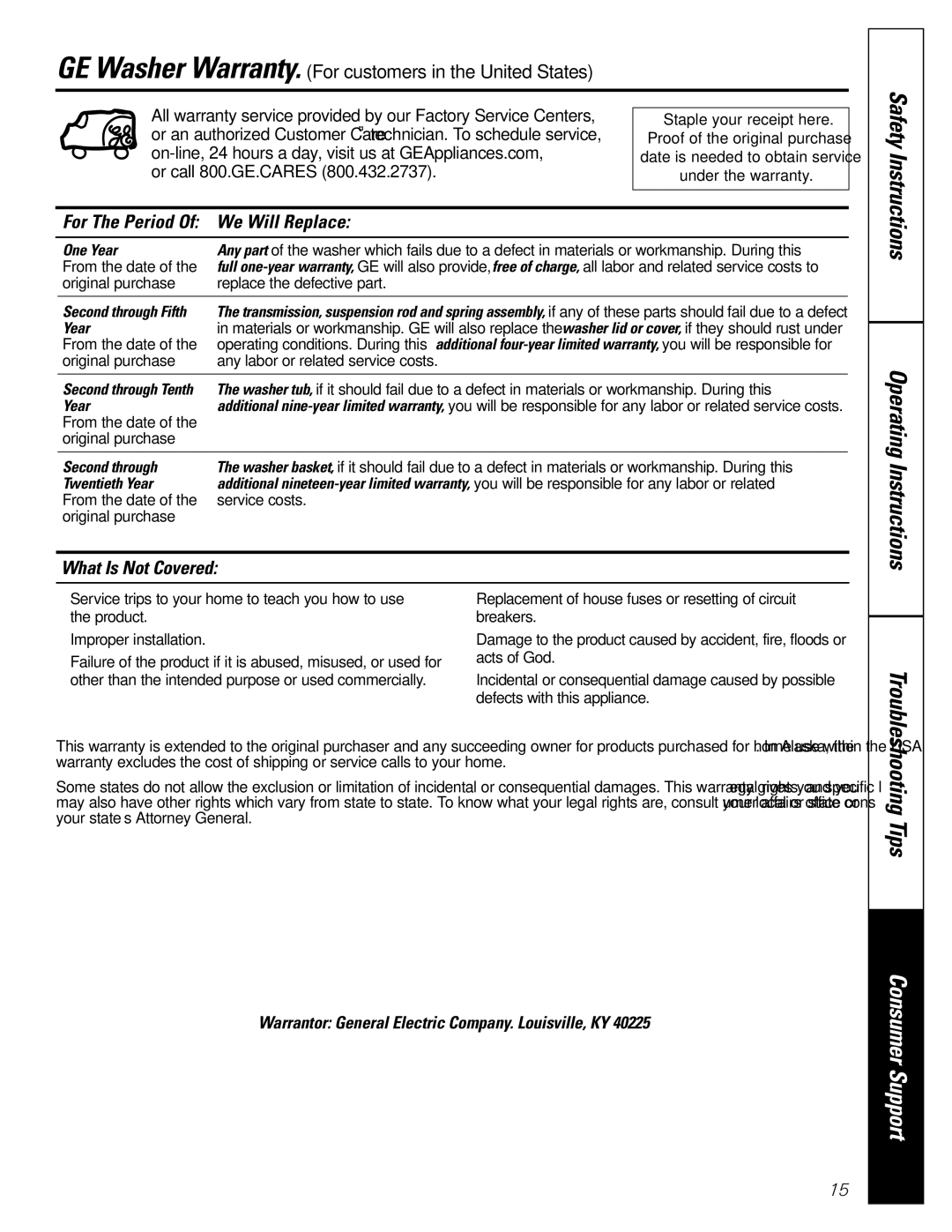 GE S4200, WASE5210 owner manual For The Period Of We Will Replace, What Is Not Covered 