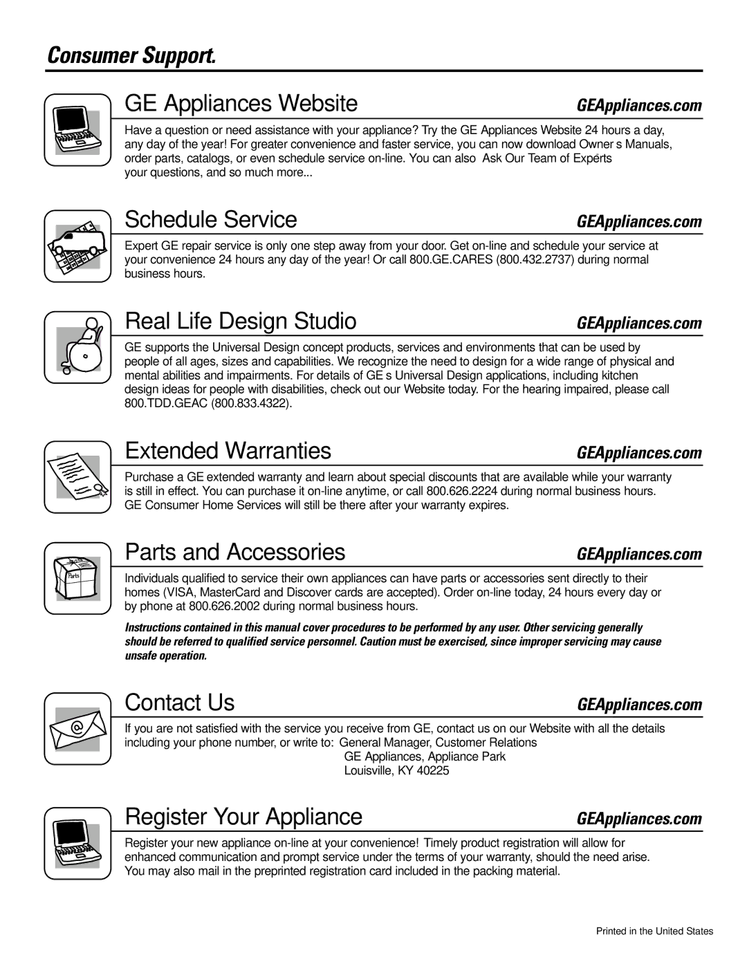 GE WASE5210, S4200 Consumer Support GE Appliances Website, Schedule Service, Real Life Design Studio, Extended Warranties 