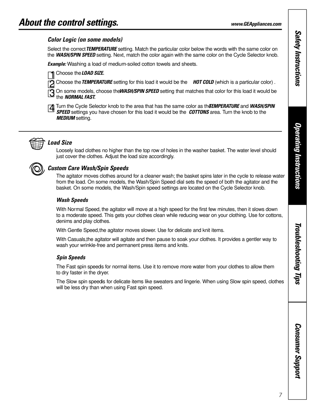 GE S4200 About the control settings, Color Logic on some models, Load Size, Custom Care Wash/Spin Speeds, Normal Fast 