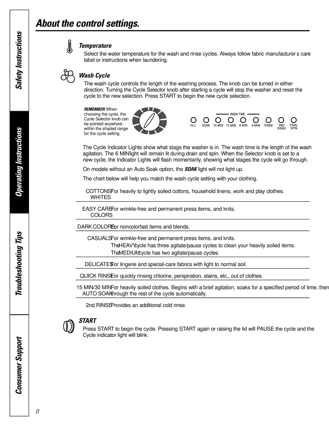 GE WASE5210, S4200 owner manual Temperature, Wash Cycle 