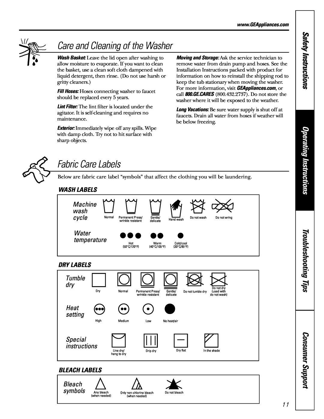 GE S4200 Care and Cleaning of the Washer, Fabric Care Labels, Safety, Instructions, Operating, Machine wash, cycle, Tumble 