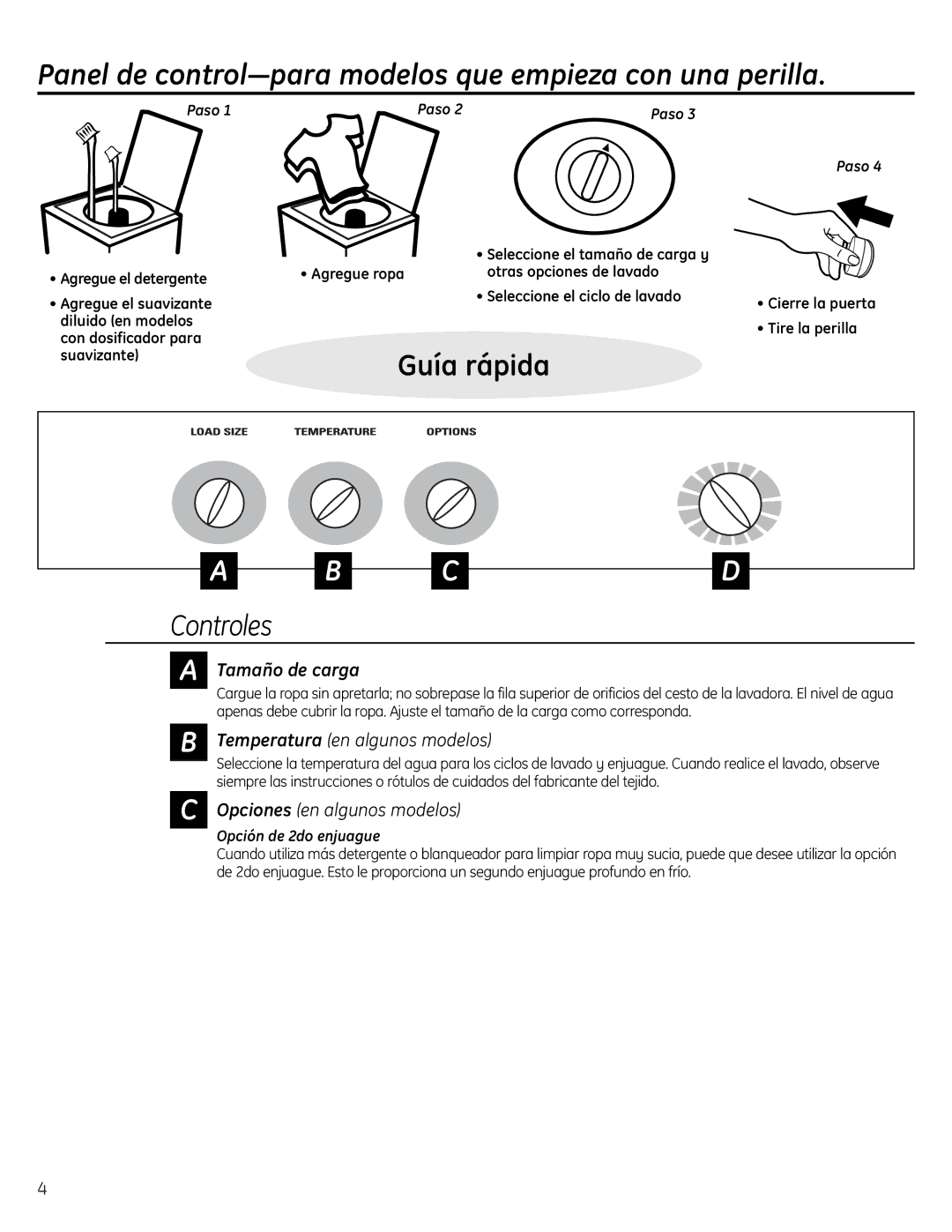 GE Washers owner manual Panel de control-para modelos que empieza con una perilla, Paso, Opción de 2do enjuague 