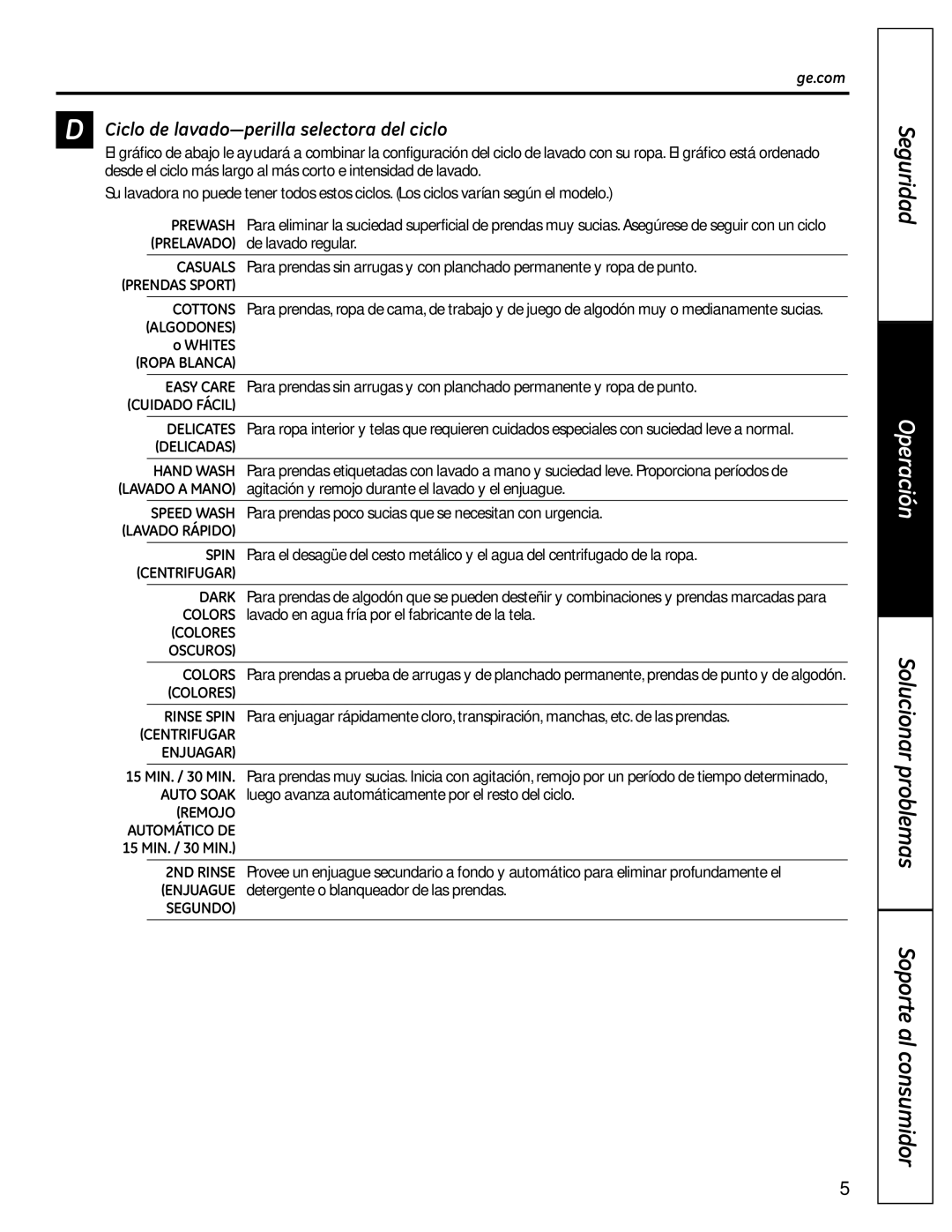 GE Washers owner manual Ciclo de lavado-perilla selectora del ciclo, Prendas Sport 