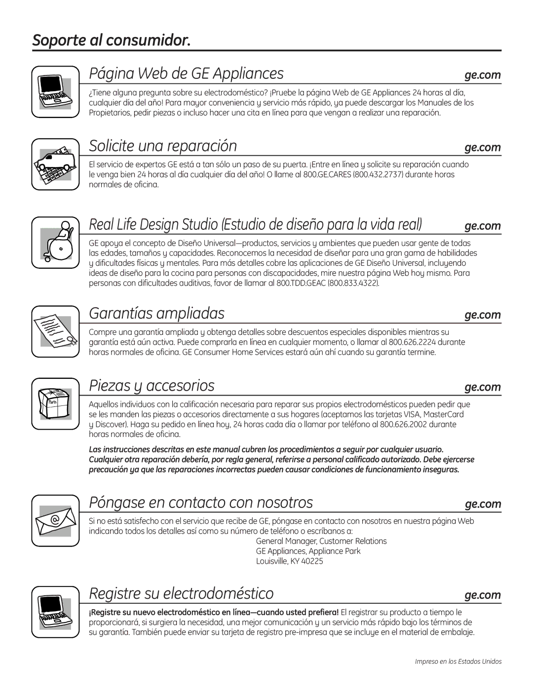 GE Washers owner manual Soporte al consumidor Página Web de GE Appliances, Solicite una reparación, Garantías ampliadas 