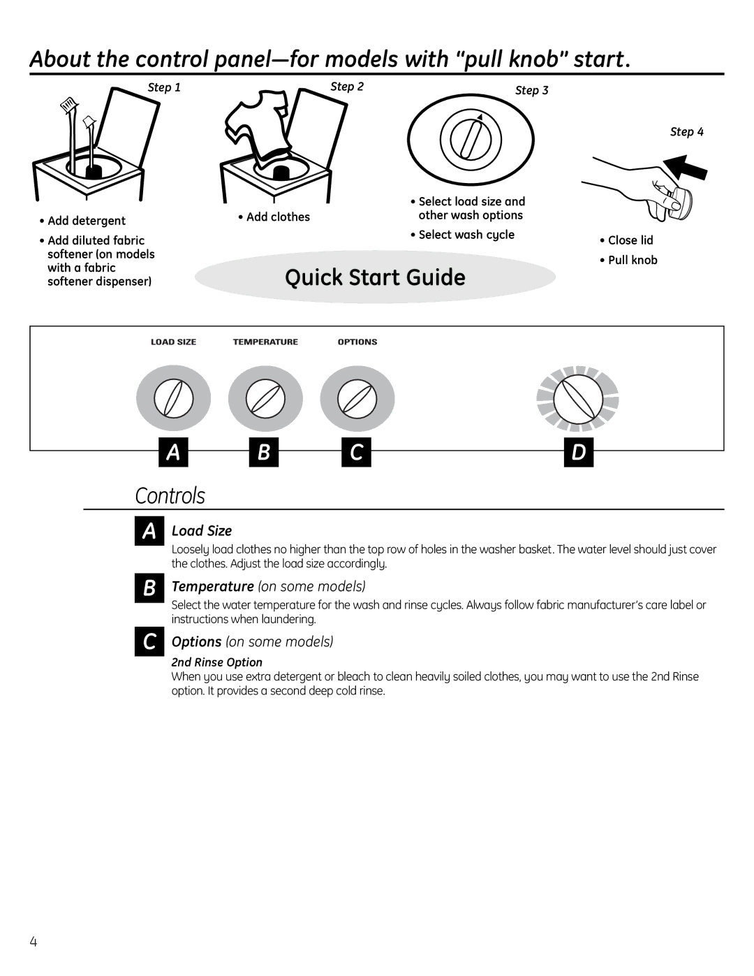 GE Washers owner manual About the control panel-for models with pull knob start, Step, 2nd Rinse Option 