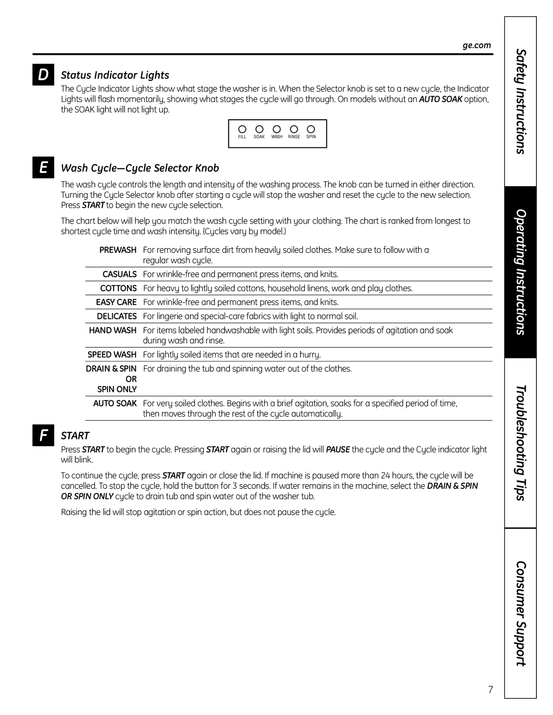 GE Washers owner manual Status Indicator Lights, Spin only 