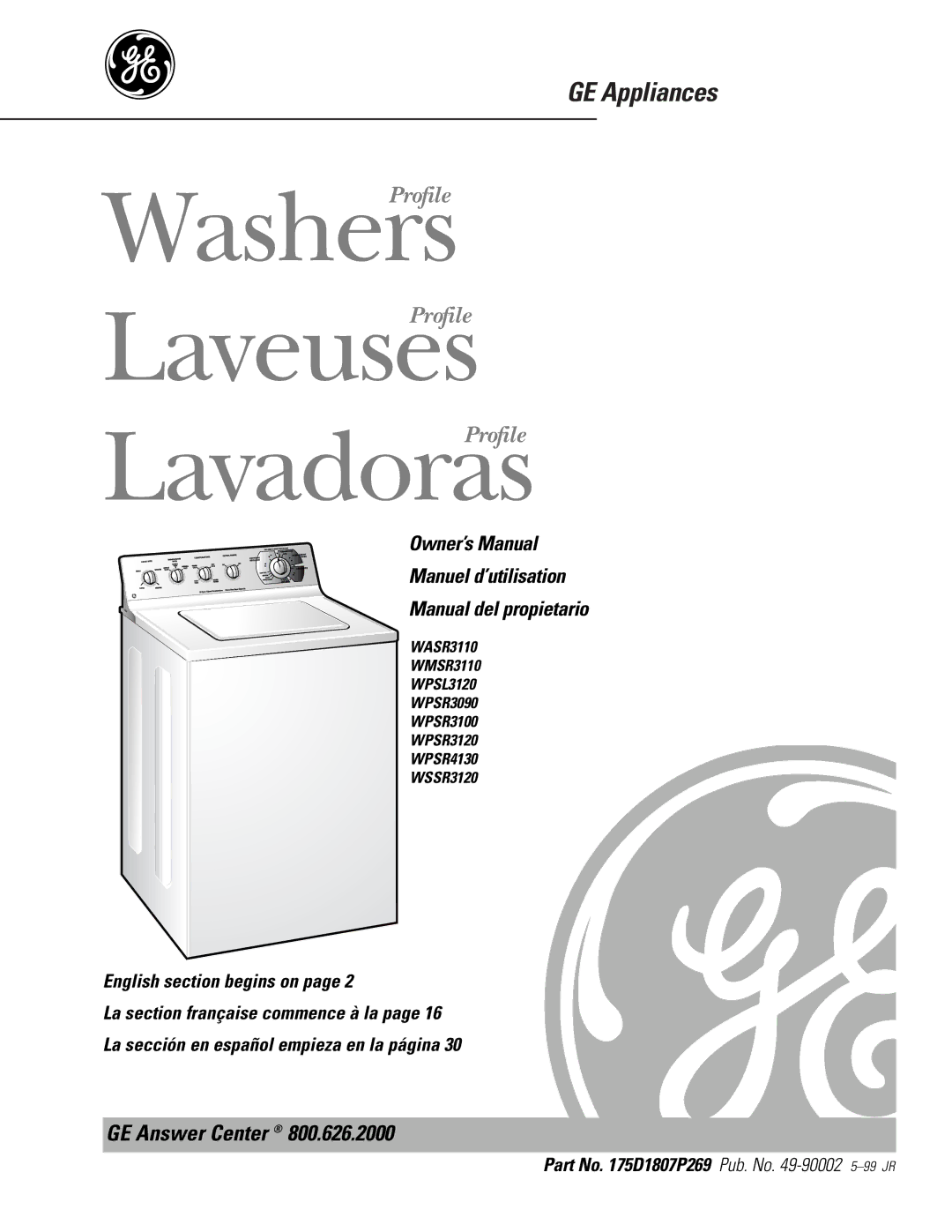 GE WASR3110 owner manual WashersProfile LaveusesProfile LavadorasProfile 