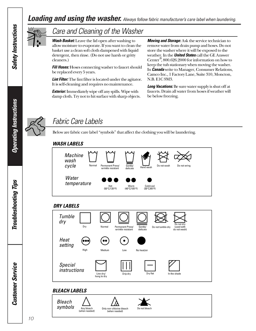 GE WASR3110 owner manual Care and Cleaning of the Washer, Fabric Care Labels 