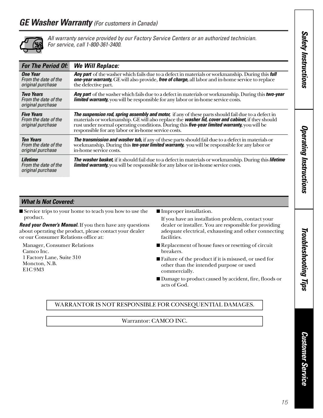 GE WASR3110 owner manual Operating Instructions 