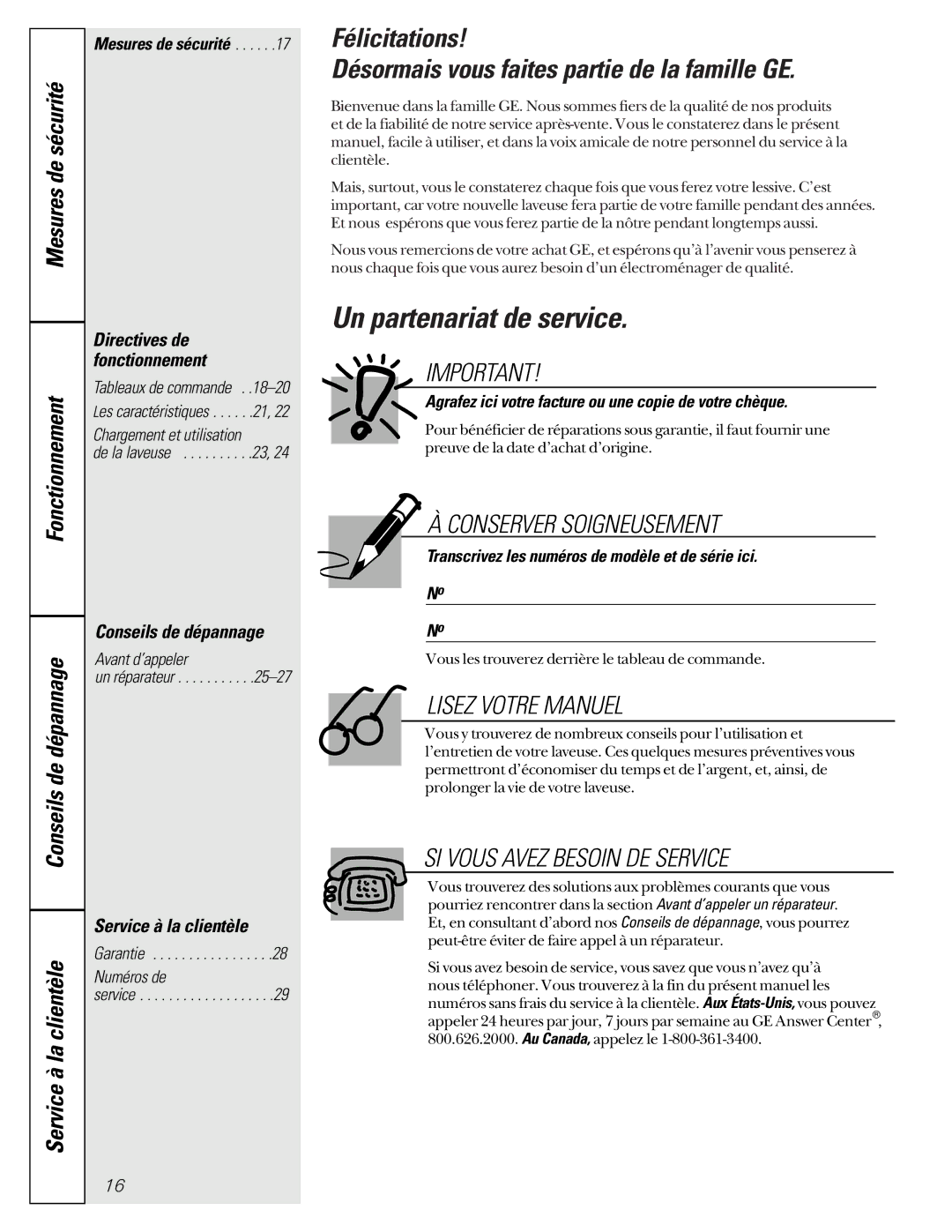 GE WASR3110 owner manual Un partenariat de service, Conseils de dépannage, Service à la clientèle 