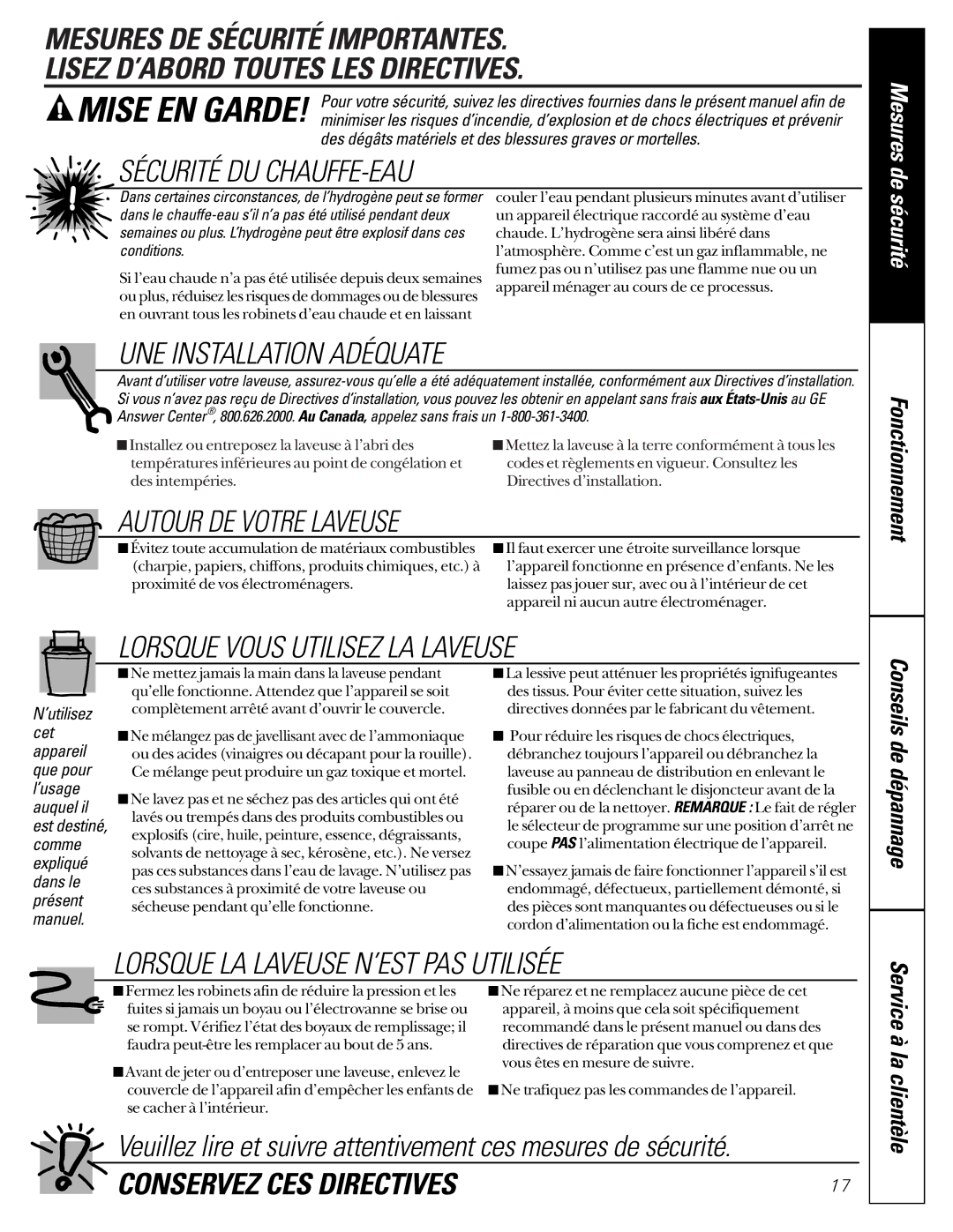 GE WASR3110 owner manual Sécurité DU CHAUFFE-EAU 