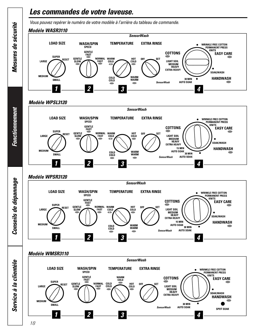 GE WASR3110 owner manual Les commandes de votre laveuse, Sécurité, Fonctionnement, La clientèle 