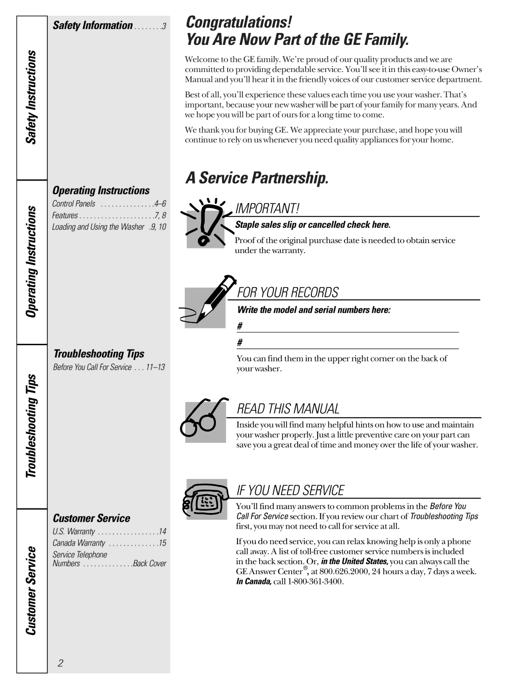 GE WASR3110 Congratulations You Are Now Part of the GE Family, Service Partnership, Safety Information, Service Telephone 