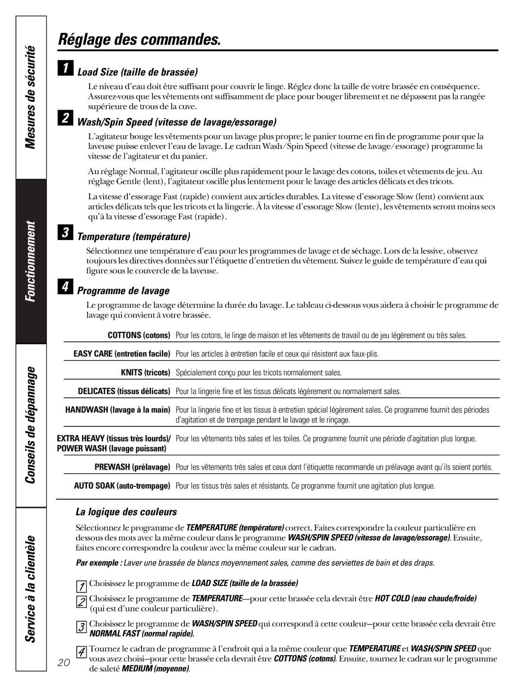 GE WASR3110 owner manual Réglage des commandes, Conseils de dépannage Service à la clientèle 